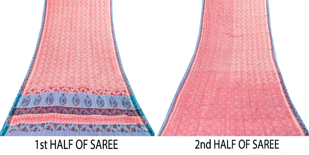 Sanskriti Vintage Red Pure Cotton Sarees Hand EmbroideryKantha Block Print 5.5Yd