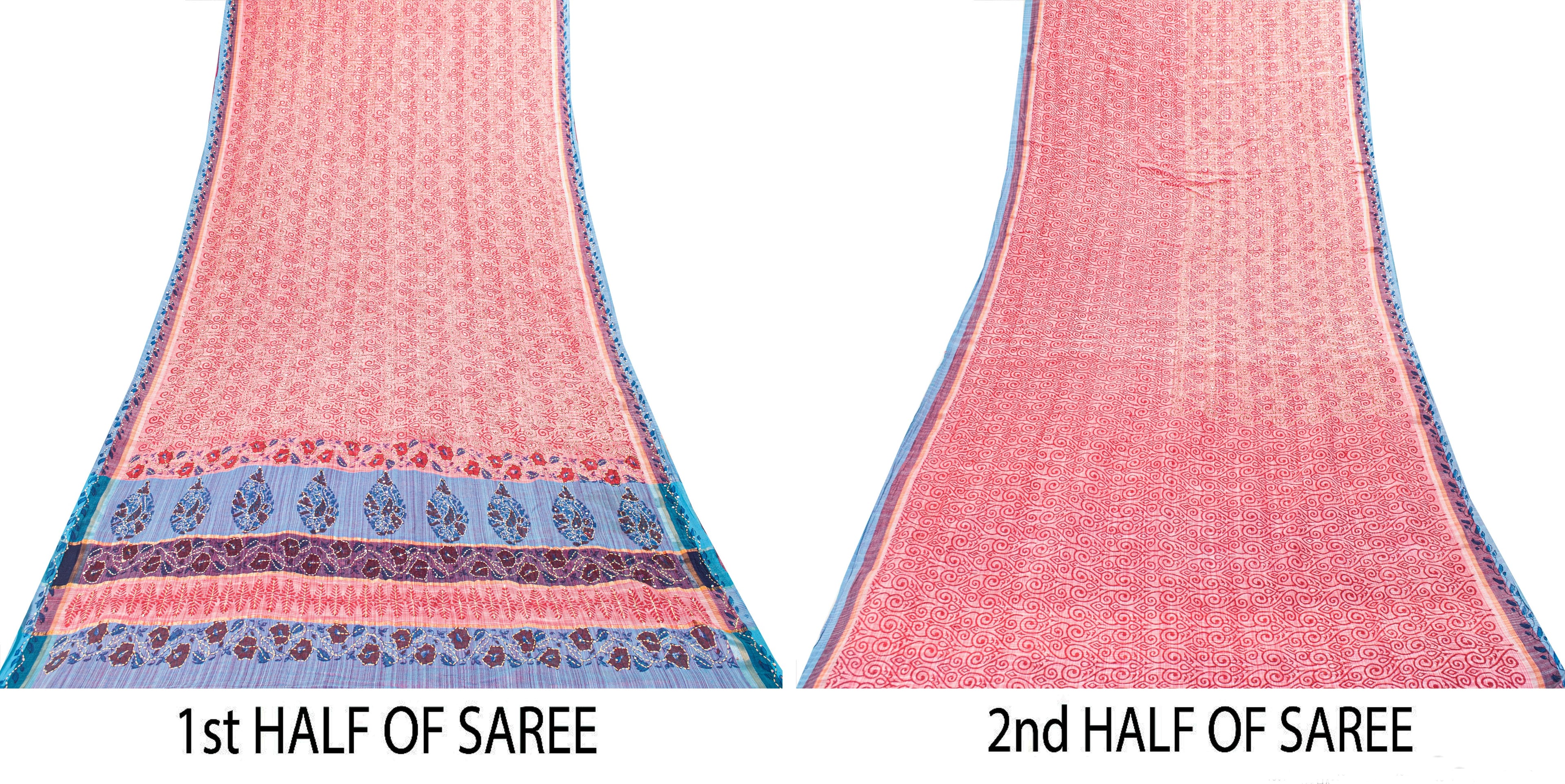 Sanskriti Vintage Red Pure Cotton Sarees Hand EmbroideryKantha Block Print 5.5Yd