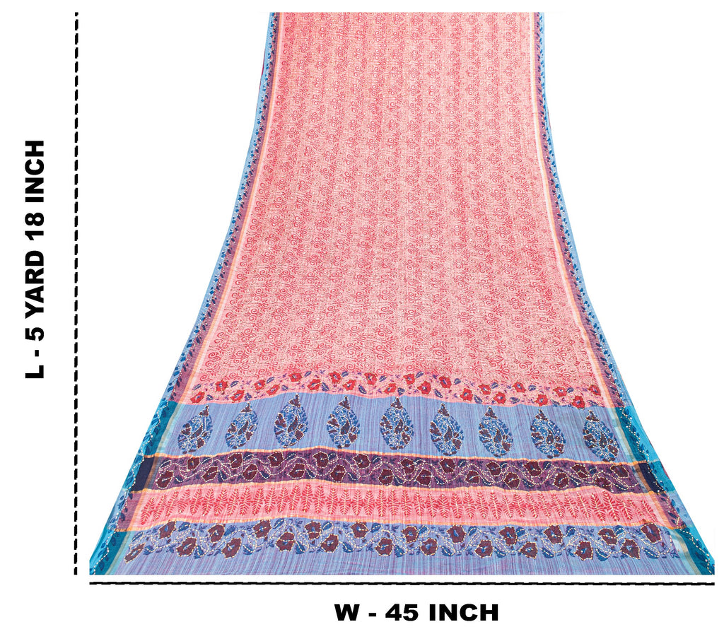 Sanskriti Vintage Red Pure Cotton Sarees Hand EmbroideryKantha Block Print 5.5Yd