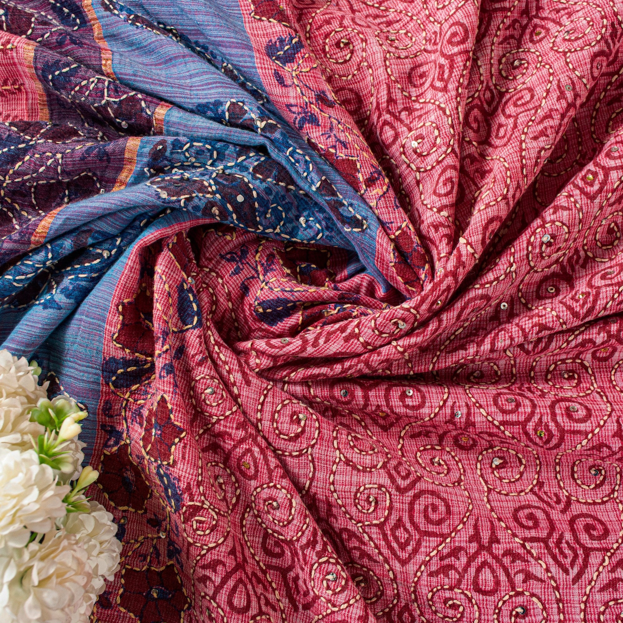 Sanskriti Vintage Red Pure Cotton Sarees Hand EmbroideryKantha Block Print 5.5Yd