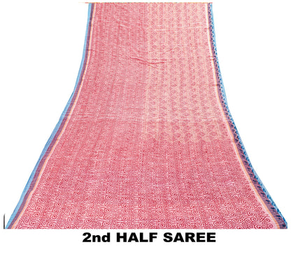 Sanskriti Vintage Red Pure Cotton Sarees Hand EmbroideryKantha Block Print 5.5Yd