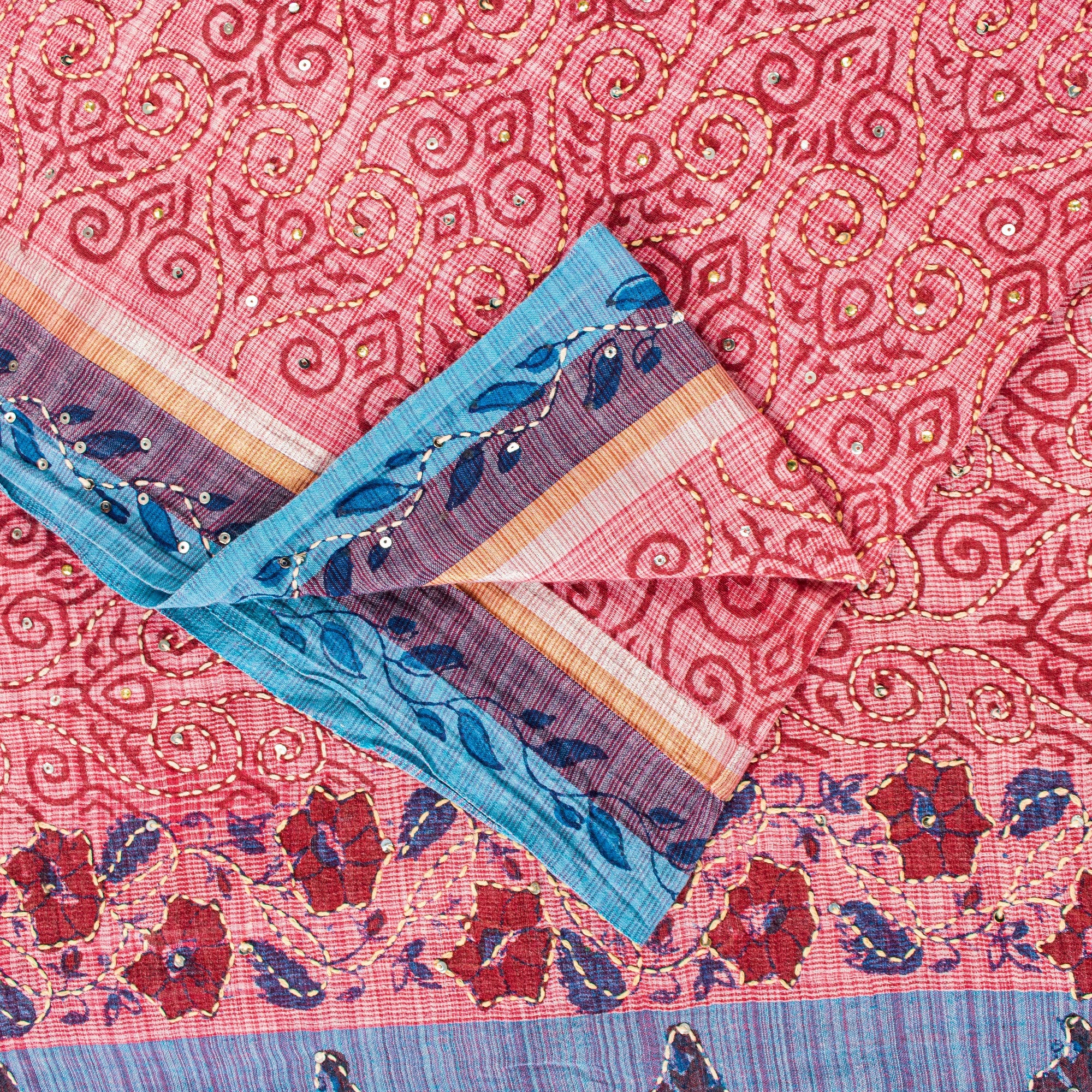 Sanskriti Vintage Red Pure Cotton Sarees Hand EmbroideryKantha Block Print 5.5Yd