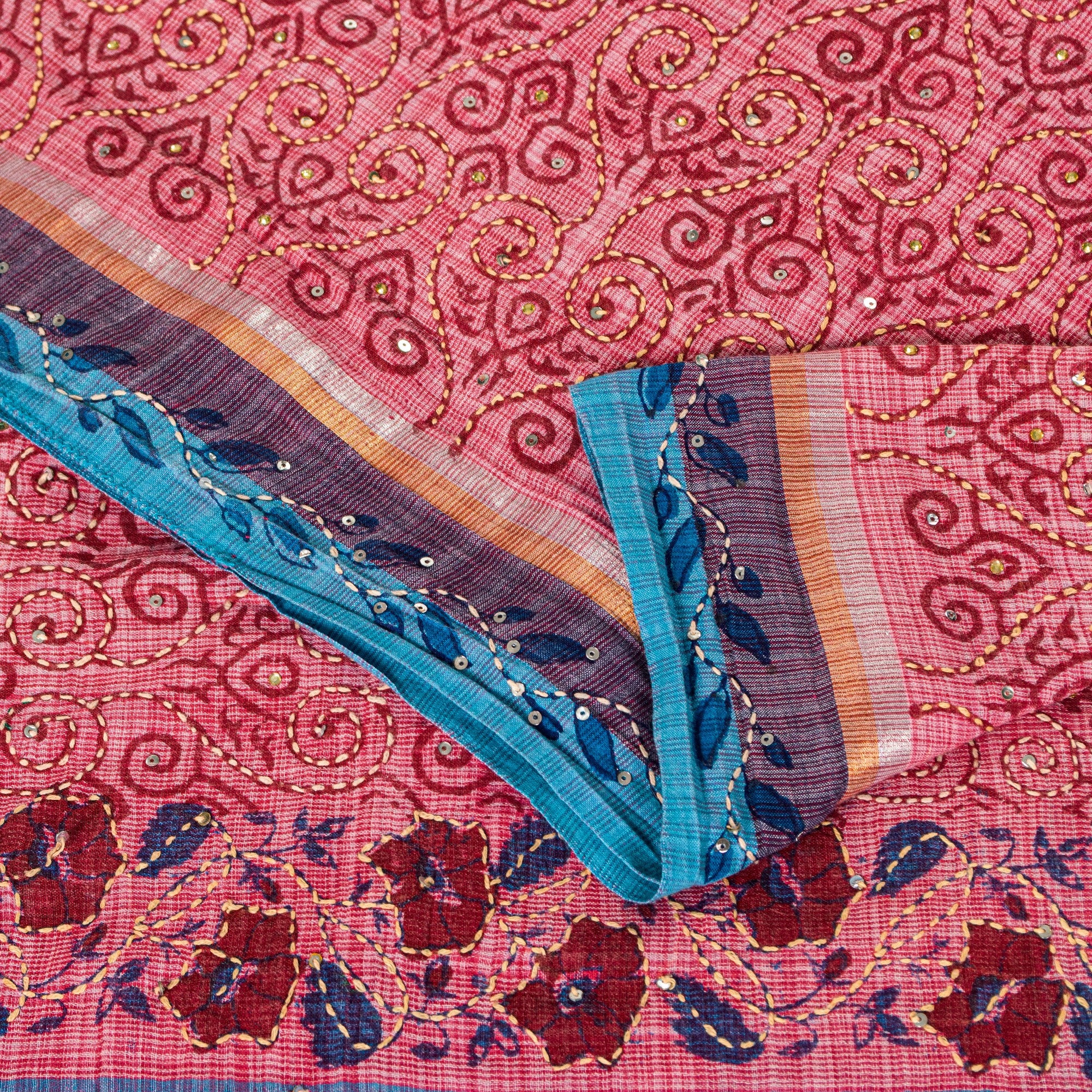 Sanskriti Vintage Red Pure Cotton Sarees Hand EmbroideryKantha Block Print 5.5Yd