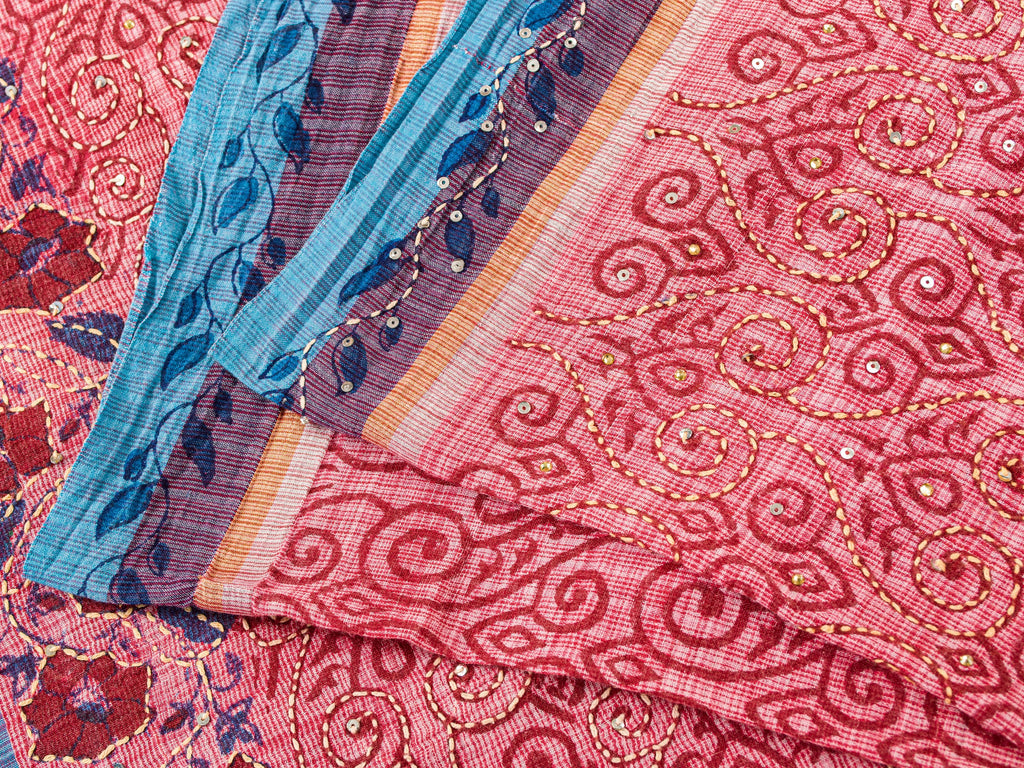 Sanskriti Vintage Red Pure Cotton Sarees Hand EmbroideryKantha Block Print 5.5Yd