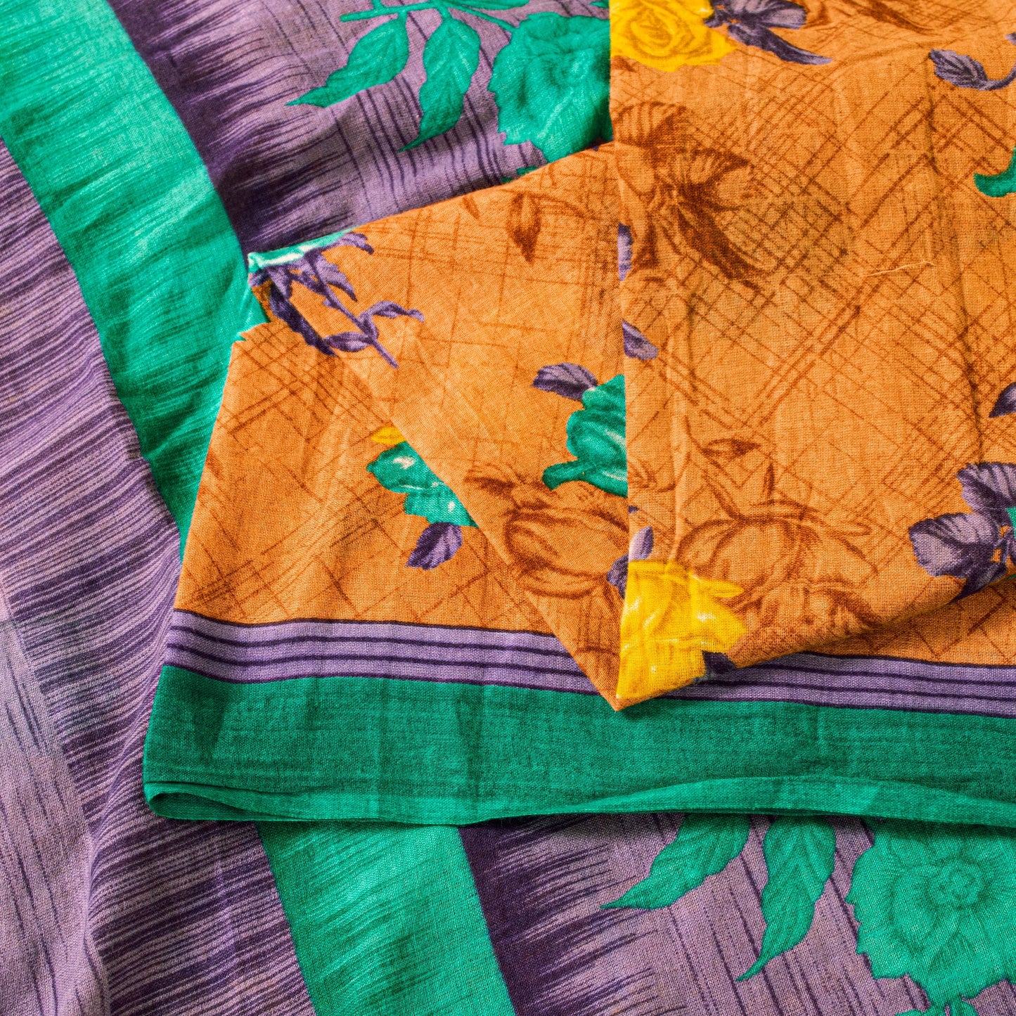 Sanskriti Vintage Orange-Purple Pure Cotton Sarees 5+YD Fabric Floral Print Sari