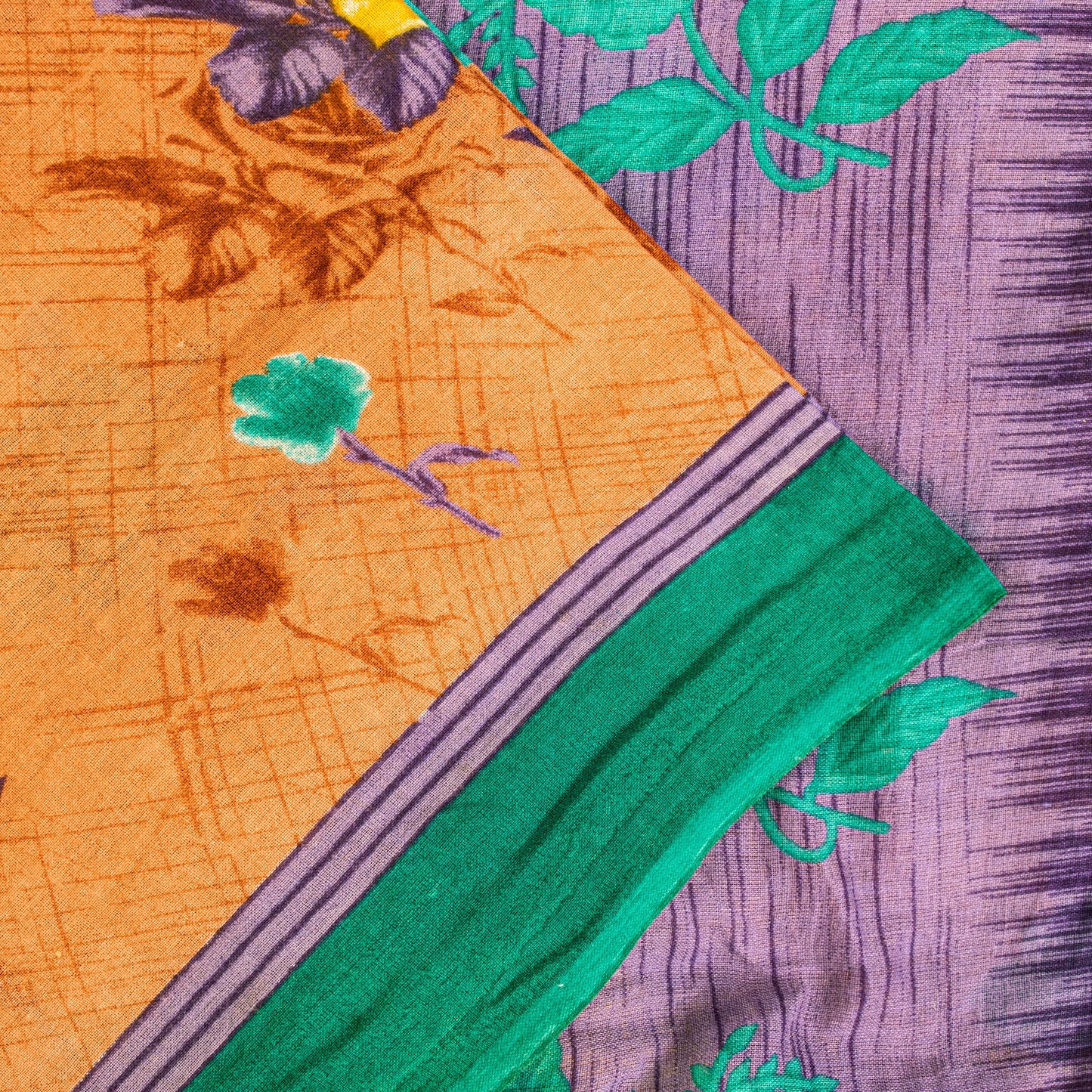 Sanskriti Vintage Orange-Purple Pure Cotton Sarees 5+YD Fabric Floral Print Sari
