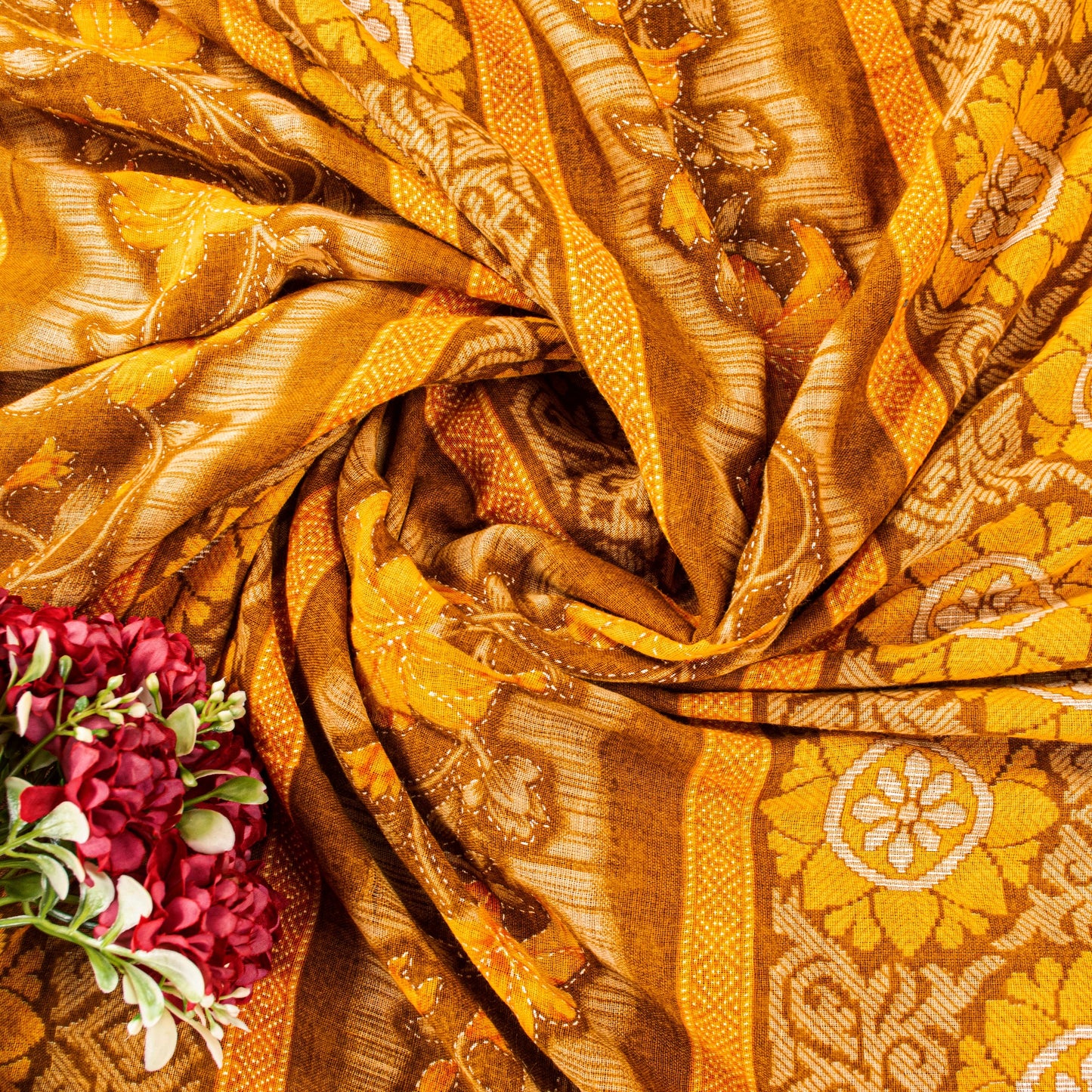 Sanskriti Vintage Red-Yellow Pure Cotton Sarees Kantha Ikat Printed 5+YD Fabric