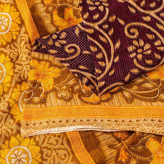 Sanskriti Vintage Red-Yellow Pure Cotton Sarees Kantha Ikat Printed 5+YD Fabric