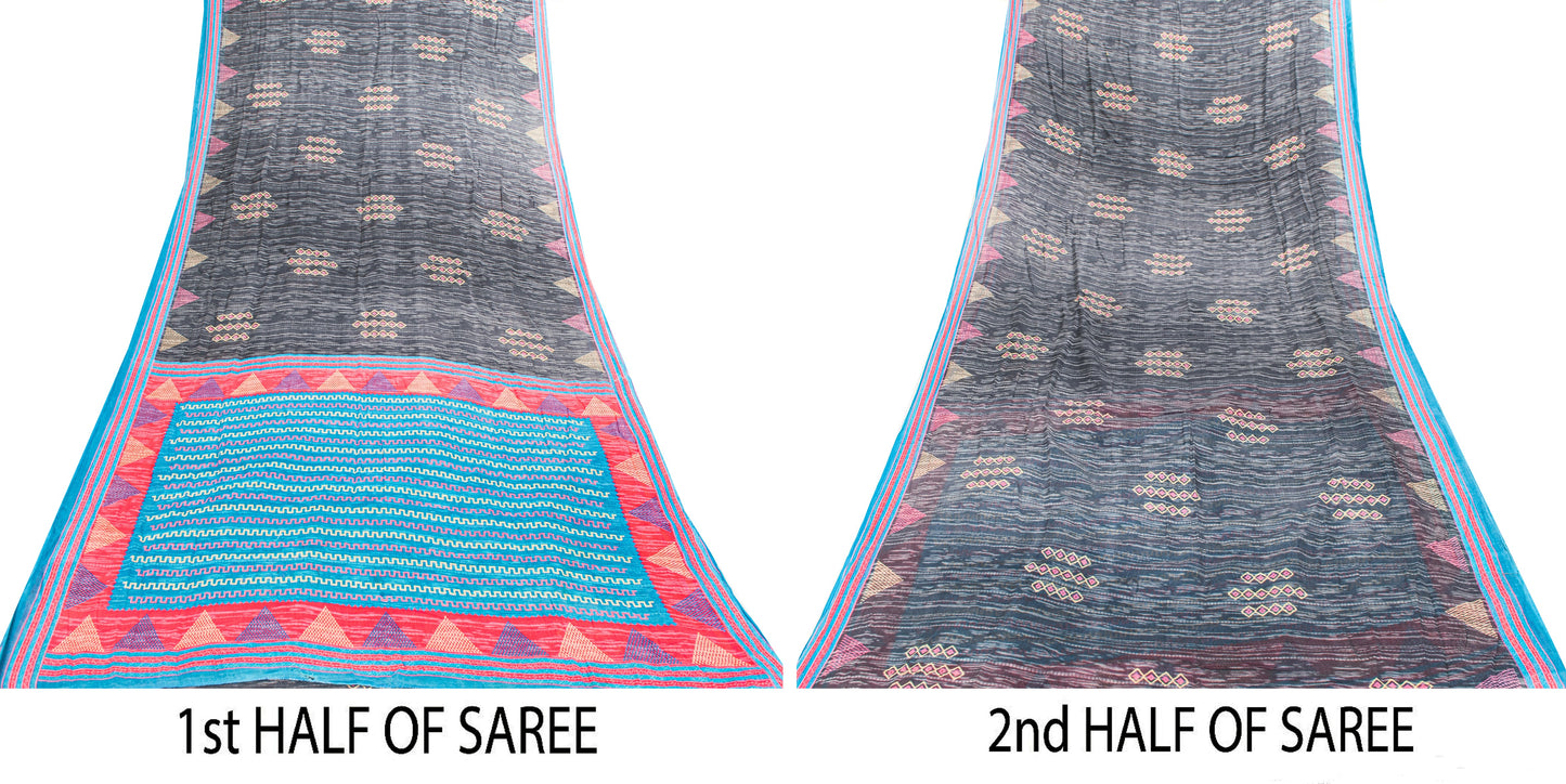 Sanskriti Vintage Blue & Black Pure Cotton Sarees Fabric 5+YD Floral Print Sari
