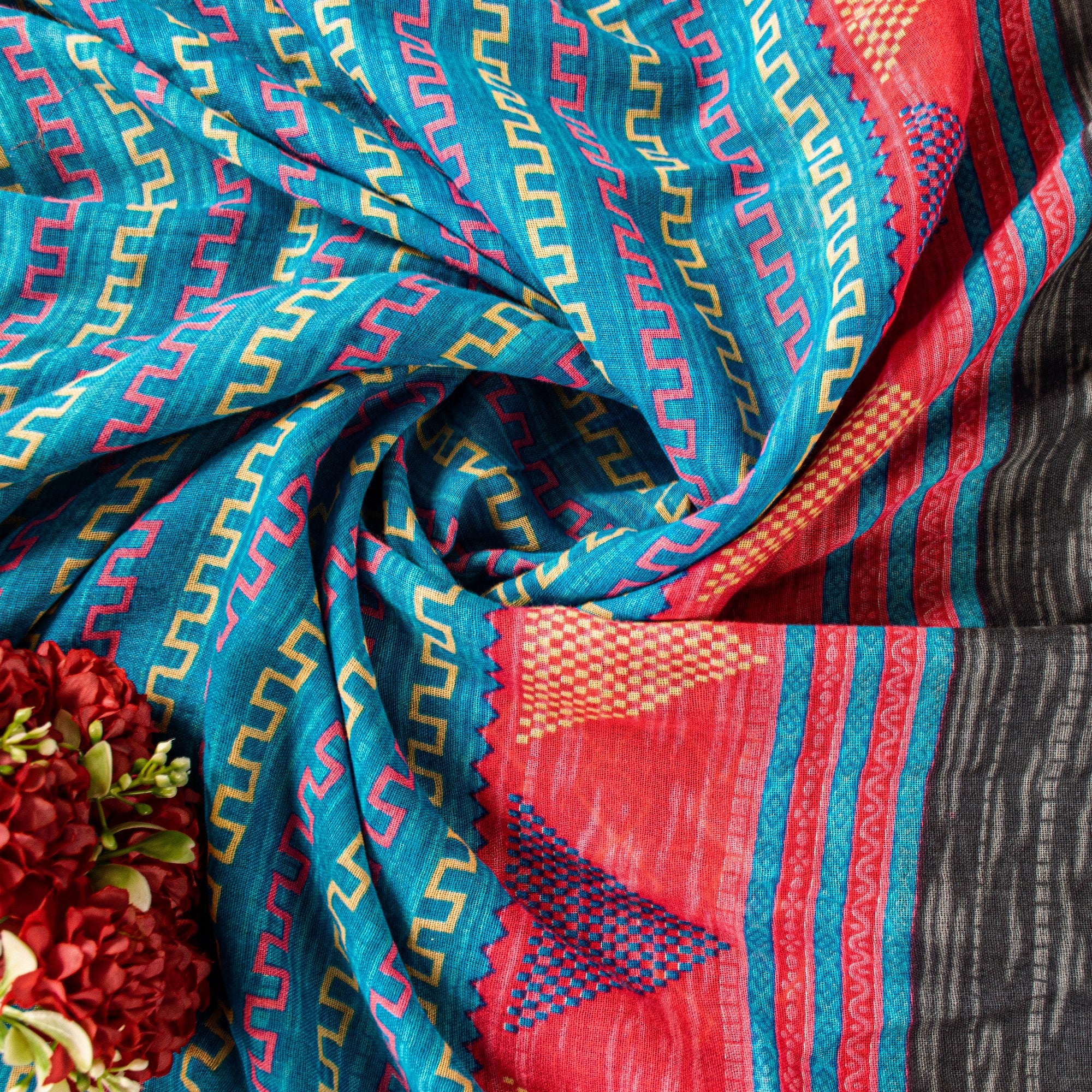 Sanskriti Vintage Blue & Black Pure Cotton Sarees Fabric 5+YD Floral Print Sari