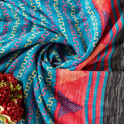 Sanskriti Vintage Blue & Black Pure Cotton Sarees Fabric 5+YD Floral Print Sari