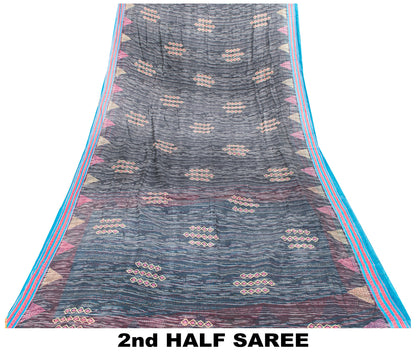 Sanskriti Vintage Blue & Black Pure Cotton Sarees Fabric 5+YD Floral Print Sari