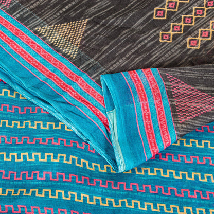 Sanskriti Vintage Blue & Black Pure Cotton Sarees Fabric 5+YD Floral Print Sari