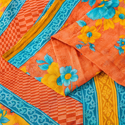 Sanskriti Vintage Peach 100% Pure Cotton Sarees 5+YD Fabric Floral Printed Sari