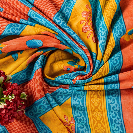 Sanskriti Vintage Peach 100% Pure Cotton Sarees 5+YD Fabric Floral Printed Sari