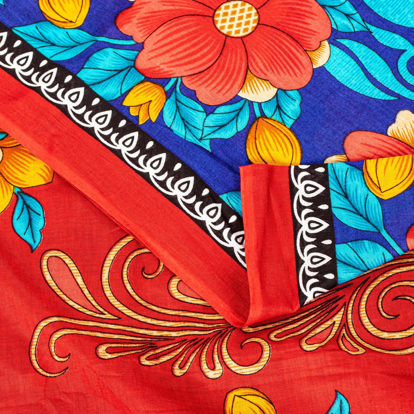 Sanskriti Vintage Blue-Red Pure Cotton Sarees Floral Printed 5.5+YD Craft Fabric