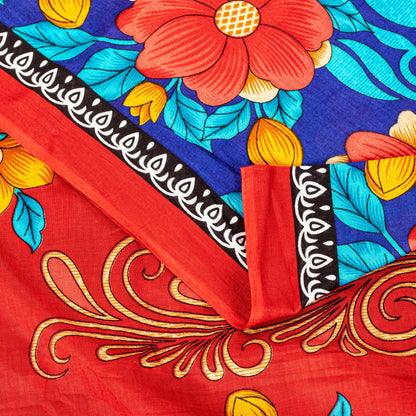 Sanskriti Vintage Blue-Red Pure Cotton Sarees Floral Printed 5.5+YD Craft Fabric