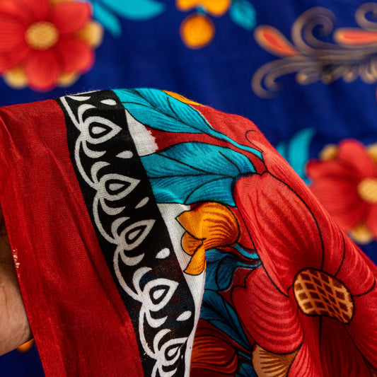 Sanskriti Vintage Blue-Red Pure Cotton Sarees Floral Printed 5.5+YD Craft Fabric