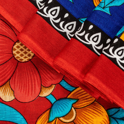 Sanskriti Vintage Blue-Red Pure Cotton Sarees Floral Printed 5.5+YD Craft Fabric
