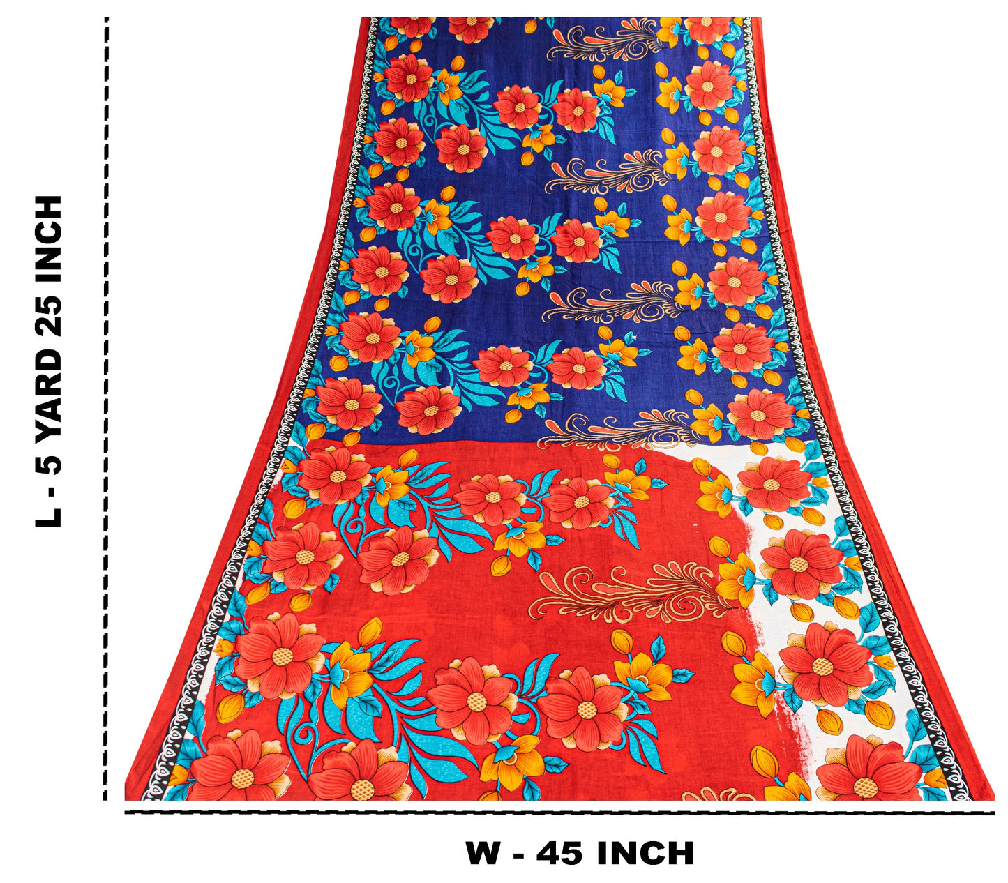 Sanskriti Vintage Blue-Red Pure Cotton Sarees Floral Printed 5.5+YD Craft Fabric