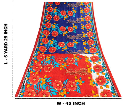 Sanskriti Vintage Blue-Red Pure Cotton Sarees Floral Printed 5.5+YD Craft Fabric