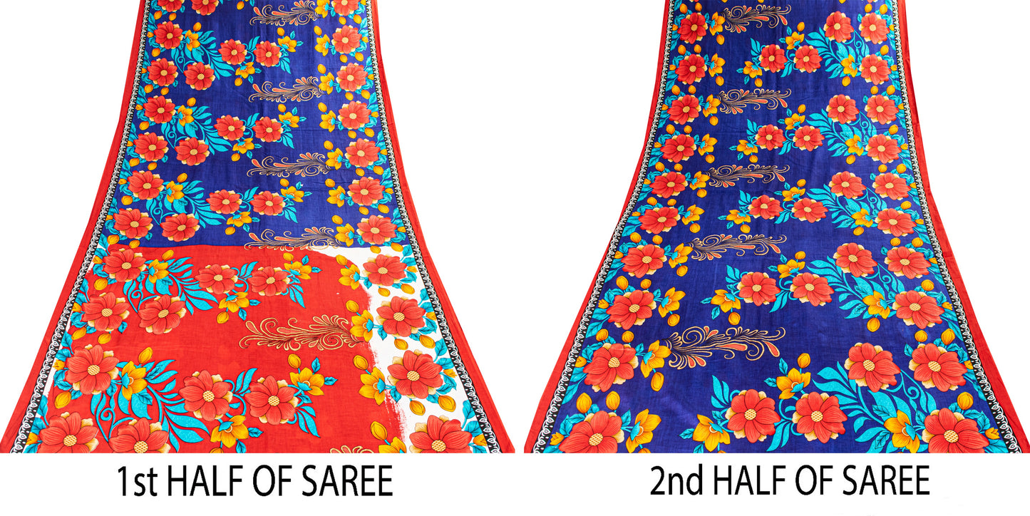 Sanskriti Vintage Blue-Red Pure Cotton Sarees Floral Printed 5.5+YD Craft Fabric