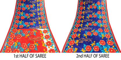 Sanskriti Vintage Blue-Red Pure Cotton Sarees Floral Printed 5.5+YD Craft Fabric