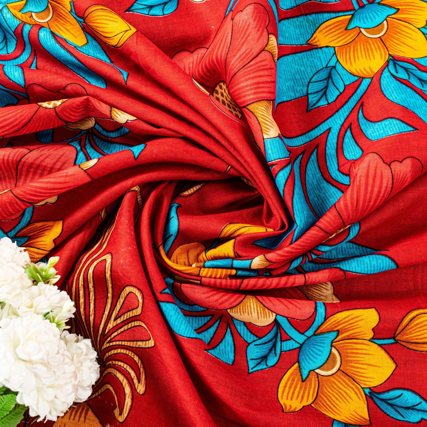 Sanskriti Vintage Blue-Red Pure Cotton Sarees Floral Printed 5.5+YD Craft Fabric