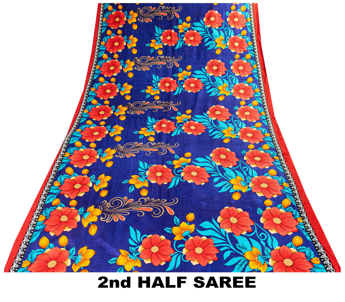 Sanskriti Vintage Blue-Red Pure Cotton Sarees Floral Printed 5.5+YD Craft Fabric