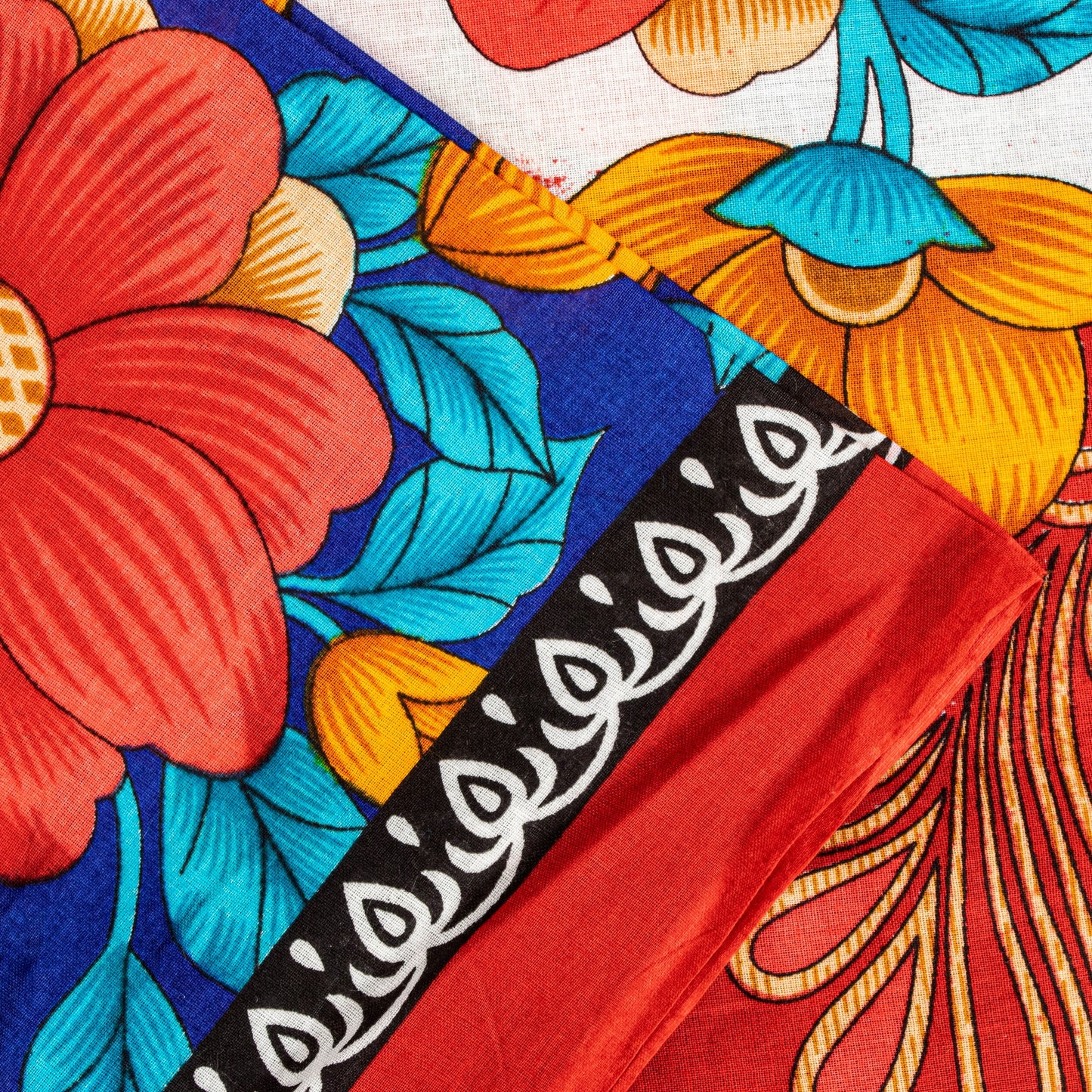 Sanskriti Vintage Blue-Red Pure Cotton Sarees Floral Printed 5.5+YD Craft Fabric