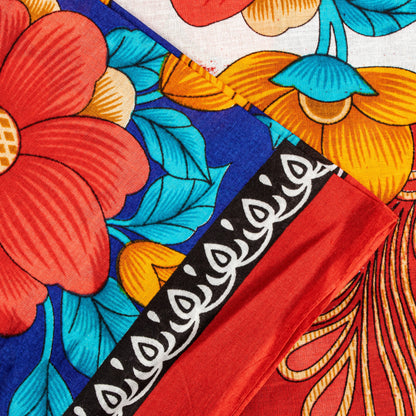 Sanskriti Vintage Blue-Red Pure Cotton Sarees Floral Printed 5.5+YD Craft Fabric