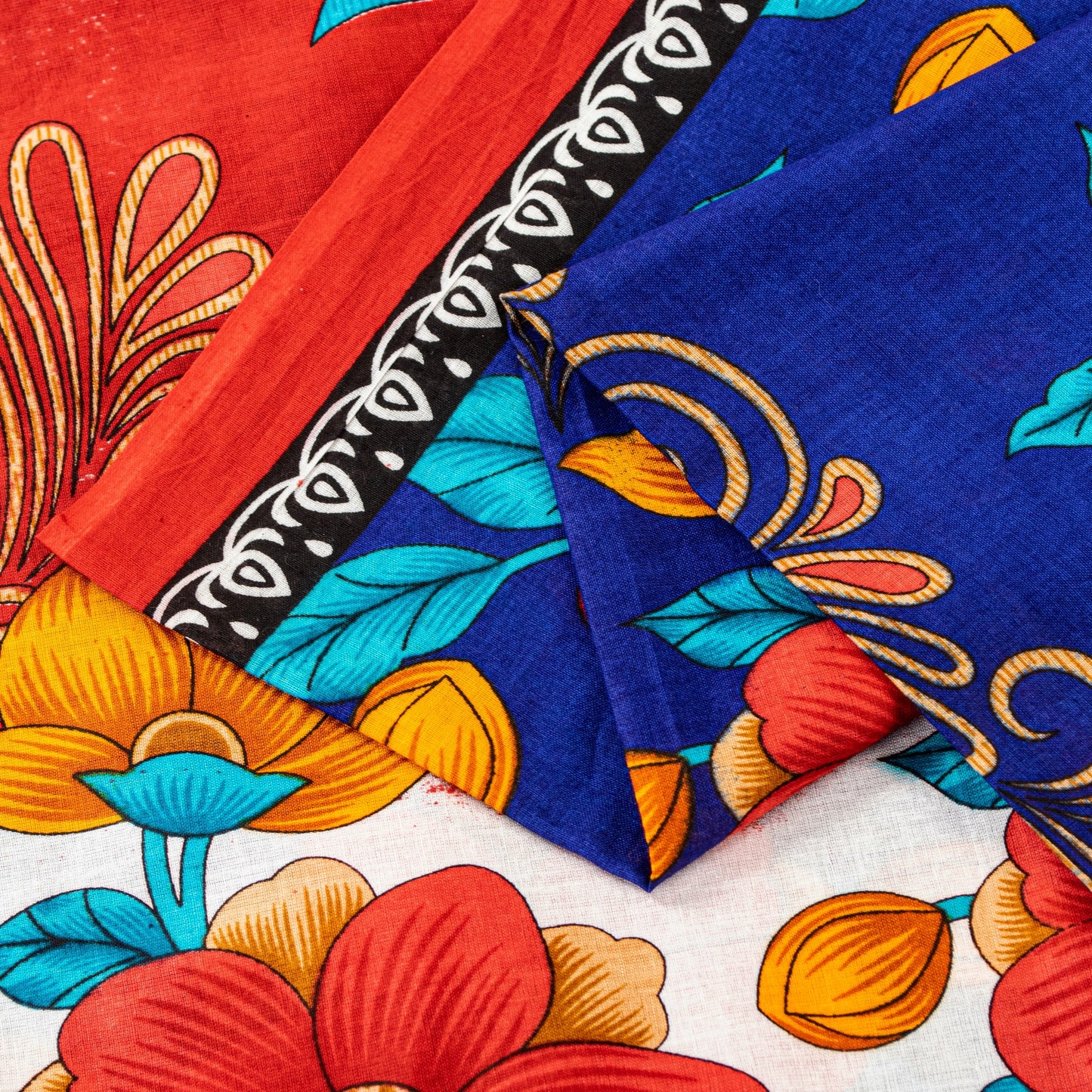Sanskriti Vintage Blue-Red Pure Cotton Sarees Floral Printed 5.5+YD Craft Fabric