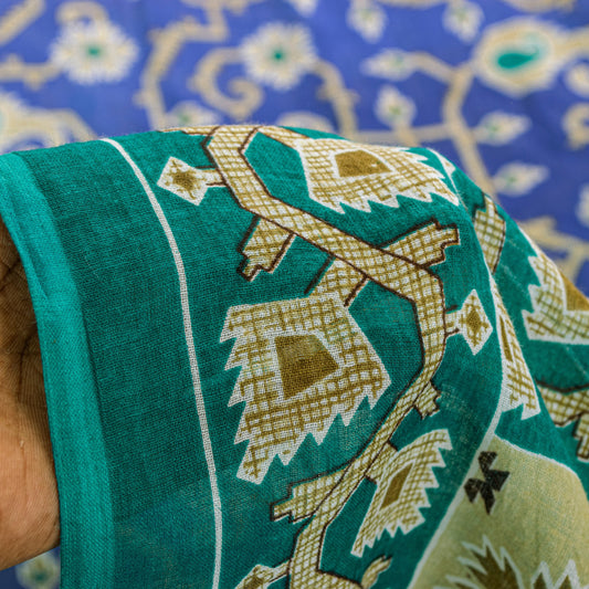 Sanskriti Vintage Blue-Green Pure Cotton Sarees 5+YD Fabric Jamdani Printed Sari