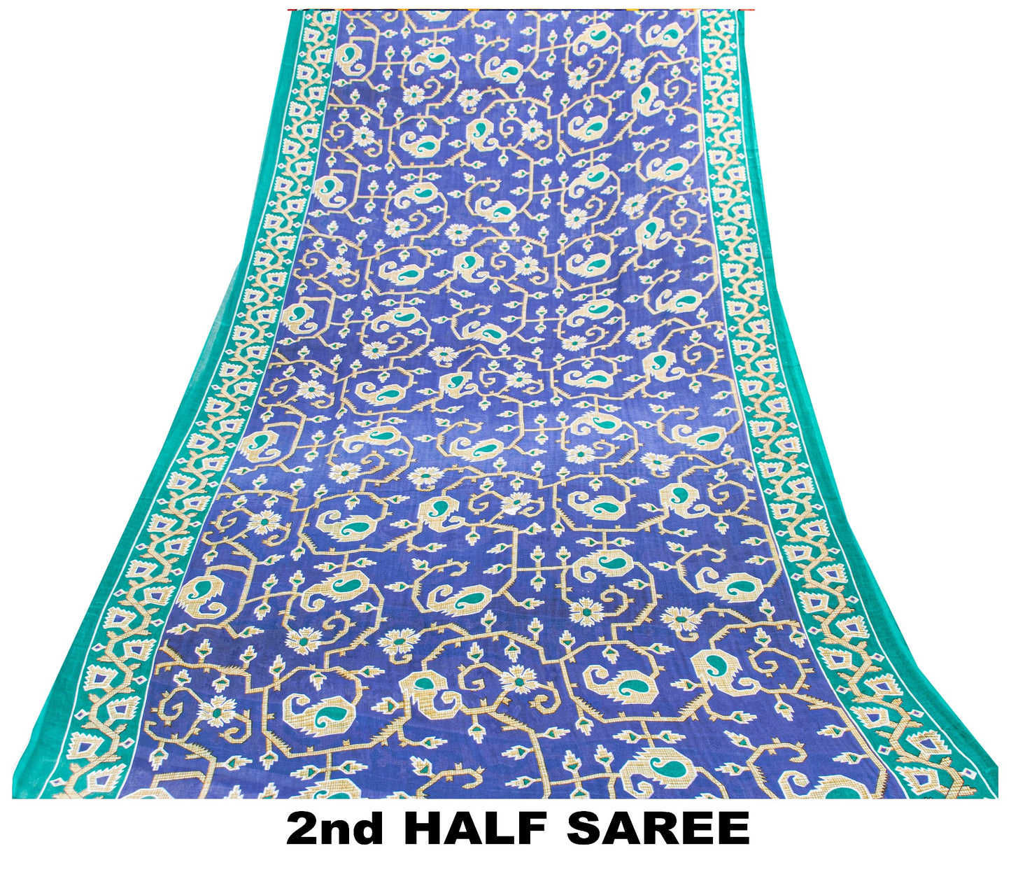 Sanskriti Vintage Blue-Green Pure Cotton Sarees 5+YD Fabric Jamdani Printed Sari