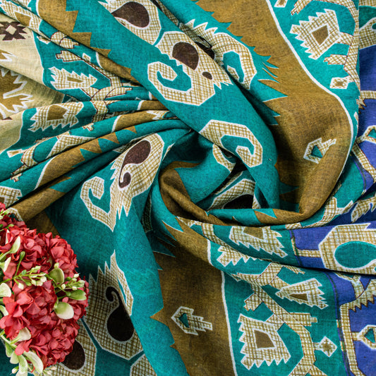 Sanskriti Vintage Blue-Green Pure Cotton Sarees 5+YD Fabric Jamdani Printed Sari