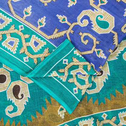 Sanskriti Vintage Blue-Green Pure Cotton Sarees 5+YD Fabric Jamdani Printed Sari