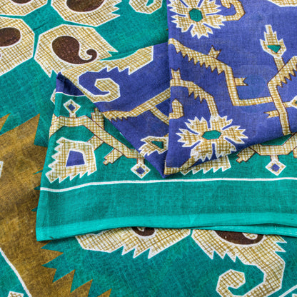 Sanskriti Vintage Blue-Green Pure Cotton Sarees 5+YD Fabric Jamdani Printed Sari