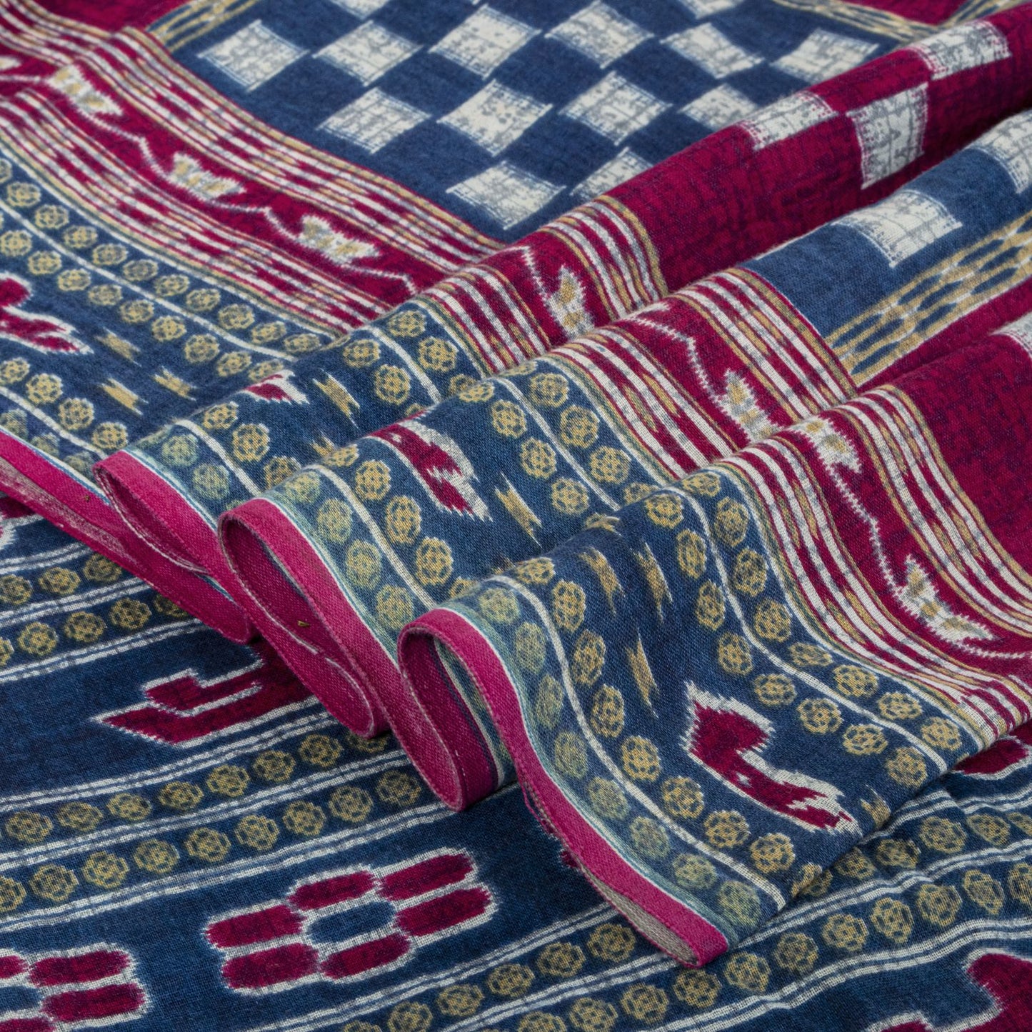 Sanskriti Vintage Saree Blue-Pink Pure Cotton Patan Patola Gujrat Print Sari 5YD