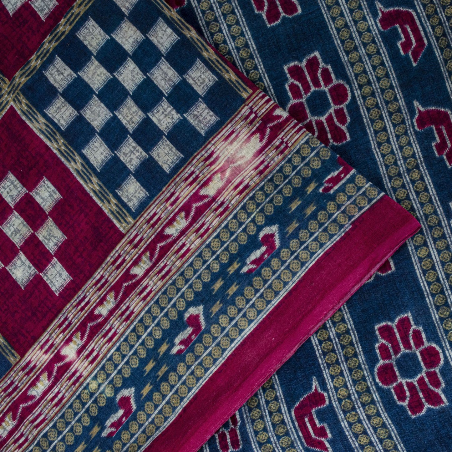 Sanskriti Vintage Saree Blue-Pink Pure Cotton Patan Patola Gujrat Print Sari 5YD