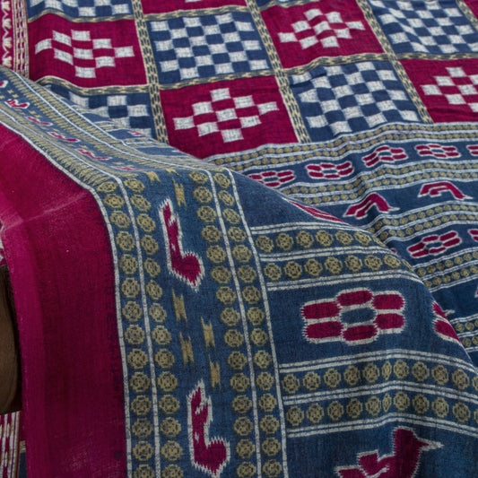 Sanskriti Vintage Saree Blue-Pink Pure Cotton Patan Patola Gujrat Print Sari 5YD