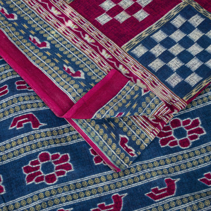 Sanskriti Vintage Saree Blue-Pink Pure Cotton Patan Patola Gujrat Print Sari 5YD