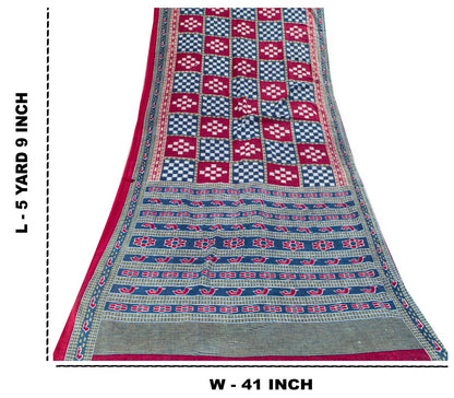 Sanskriti Vintage Saree Blue-Pink Pure Cotton Patan Patola Gujrat Print Sari 5YD