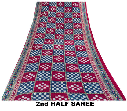Sanskriti Vintage Saree Blue-Pink Pure Cotton Patan Patola Gujrat Print Sari 5YD