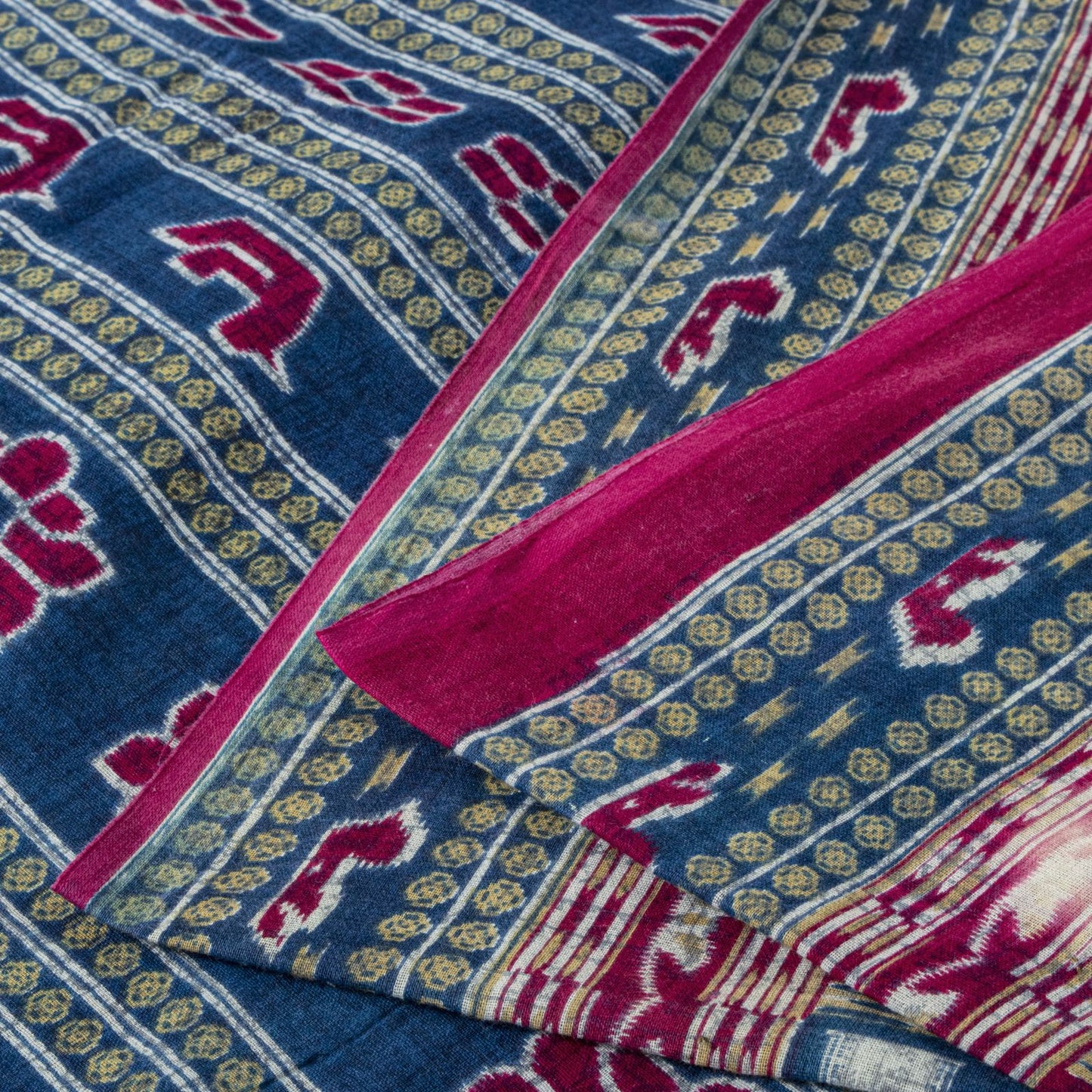 Sanskriti Vintage Saree Blue-Pink Pure Cotton Patan Patola Gujrat Print Sari 5YD