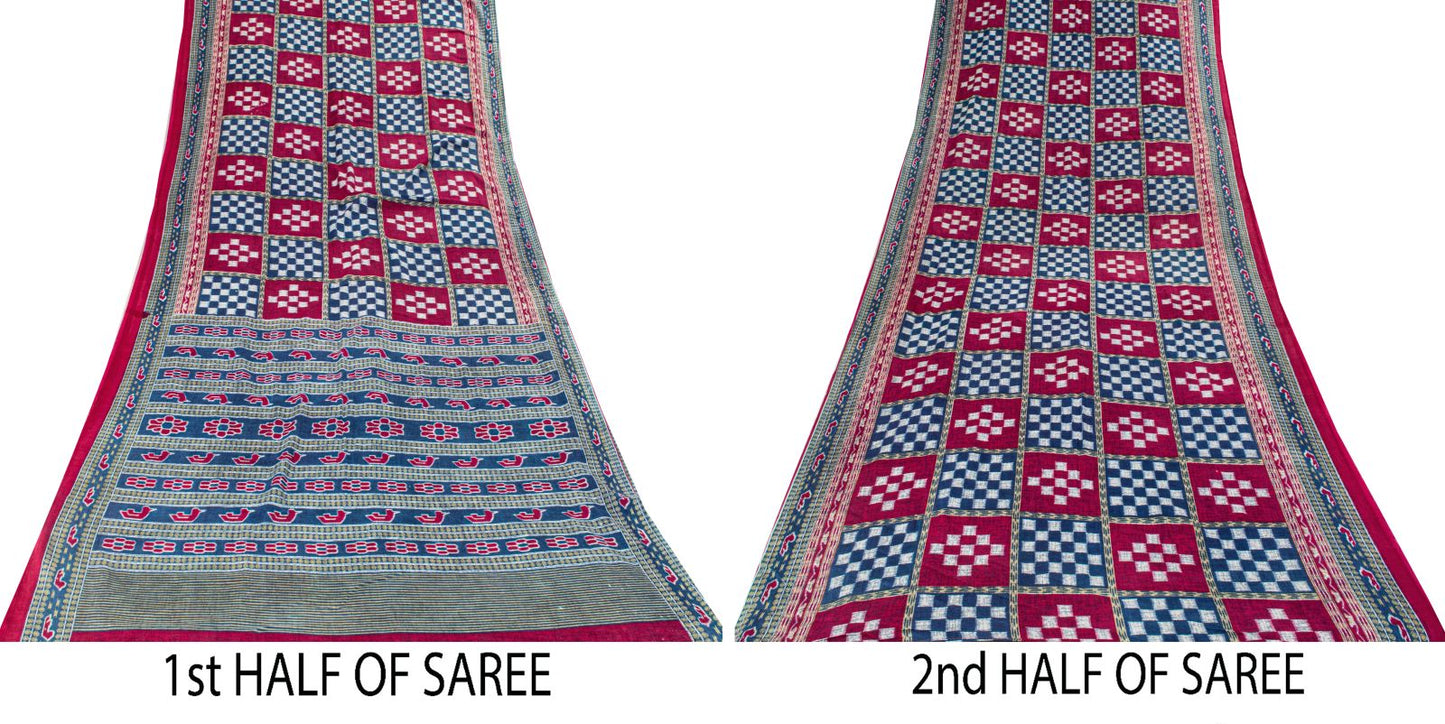 Sanskriti Vintage Saree Blue-Pink Pure Cotton Patan Patola Gujrat Print Sari 5YD