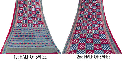 Sanskriti Vintage Saree Blue-Pink Pure Cotton Patan Patola Gujrat Print Sari 5YD