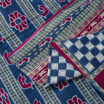 Sanskriti Vintage Saree Blue-Pink Pure Cotton Patan Patola Gujrat Print Sari 5YD