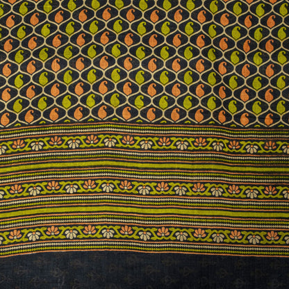 Sanskriti Vintage Saree Black Pure Cotton Floral Printed Sari 5+YD Craft Fabric