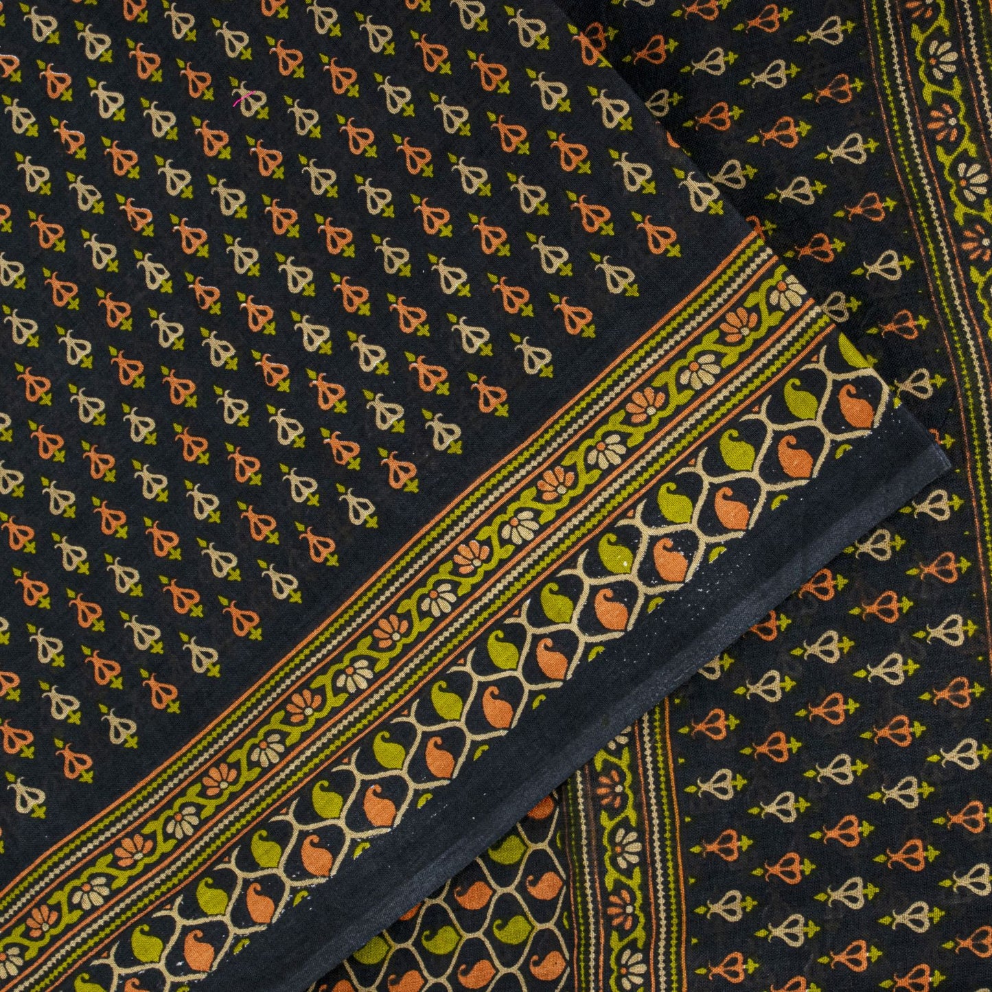 Sanskriti Vintage Saree Black Pure Cotton Floral Printed Sari 5+YD Craft Fabric
