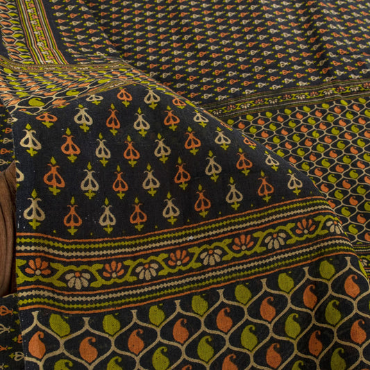 Sanskriti Vintage Saree Black Pure Cotton Floral Printed Sari 5+YD Craft Fabric